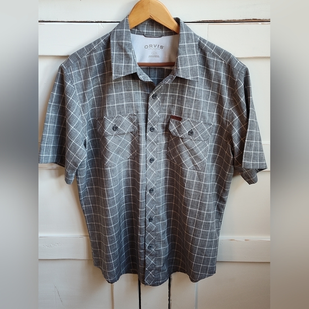 Orvis Men's Gray Plaid Checkered Short Sleeve Button Up Shirt | Size Large